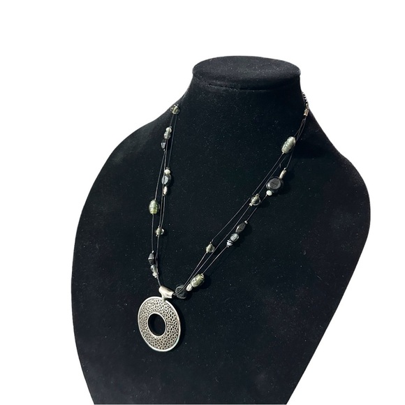 Signed Chicos 3 Strand Glass & 925 Bead Round Leather Inset Pendant Necklace 22” - Picture 6 of 16